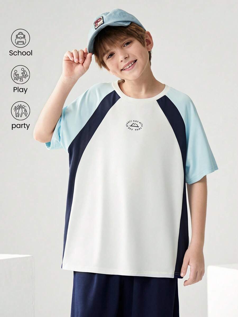 JNSQ Camiseta Solta com Gola Careca e Estampa de Letra em Bloco de Cor, Adequada para Uso Diário, Atividades ao Ar Livre, Férias, Streetwear, Festa e Lazer, Volta às Aulas para Meninos Pré-Adolescentes - Multicolorido - Visão 1