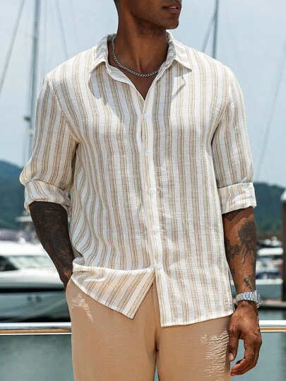 Manfinity Homme Men's Casual Striped Button-Front Long Sleeve Shirt , Beach Shirt For Summer Holiday, Fall