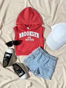 SHEIN Playful Pals 2pcs/Set Infant/Baby Boys Casual Outfit, Including 1pc White Hoodie Knit Letter Print Sleeveless Pocket Vest + 1pc Blue Elastic Waist Pocket Denim Shorts, Suitable For Casual, Sports, Daily Wear, Outings, Travel,Red Hooded Knitted Baby Boys Hoodie Co-Ord With Letter Print And Pocket Detail, Baby Boy Clothes Fall Winter - Red - View 1