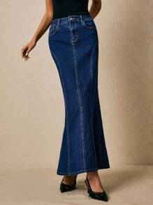 Poéselle 女式蓝色时尚拼接牛仔美人鱼裙女式牛仔裙牛仔长裙 - 深色水洗藍 - 查看 7