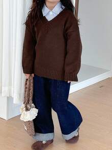 DAZY Girls V-Neck Loose Casual Sweater, Young Girl Fall Clothes - Coffee Brown - View 2