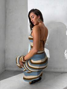 Aloruh Women's Spring/Summer New Knitted Dress, Crochet Dress With Criss-Cross Halter Neck And Open Back, Striped Bohemian Maxi Dress, Vacation Dress, Elegant Dress For Women - Multicolor - View 3