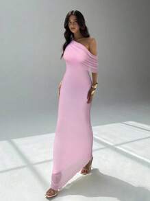 Aloruh Đầm suông nữ thiết kế thắt nơ bất đối xứng màu trơn thanh lịch - Màu Hồng baby - Xem 5