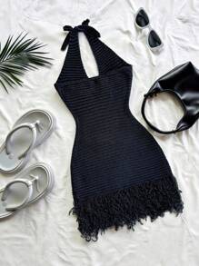 SHEIN Unity New Tassel Sexy Waist-Cinching Tie Neck Bow Mini Knit Dress, Elegant Commuting Fashion - Navy Blue - View 2