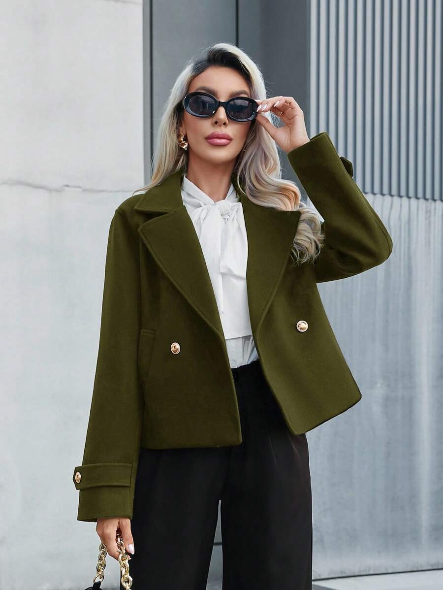 Revavyn Casual Solid Color Double-Breasted Cropped Jacket, Autumn/Winter Fall Cloth For Women - Army Green - View 1