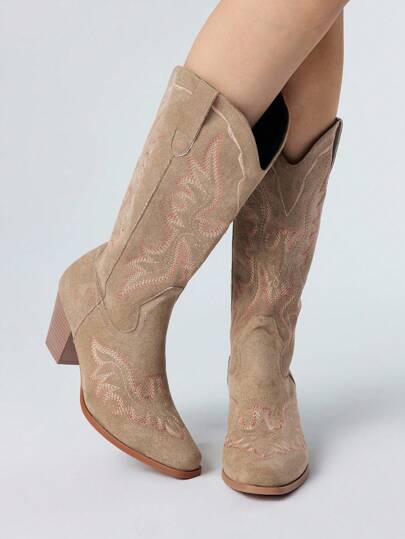 Fairycore Women's Cowgirl Boots With Slip-On Design, Contrast Color Details, Embroidered Western Style Boots, Outdoor Fashion Casual Mid-Calf Riding Boots