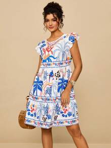 SHEIN VCAY 大码女式花卉印花宽松短款连衣裙，圆领荷叶边袖连衣裙，白色连衣裙 - 白色 - 查看 6