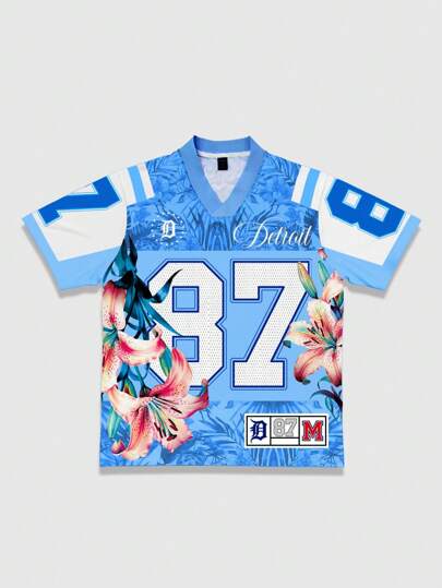 Prep Men's Summer Digital & Floral Print V-Neck Jersey Short Sleeve Casual T-Shirt