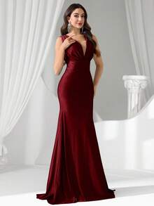 Coutiva Sexy Deep V Elastic High Waist Asymmetric Ruched Fishtail Evening Gown, Suitable For Weddings, Events, Parties, Honeymoons, Bridesmaid Dresses - Burgundy - View 7