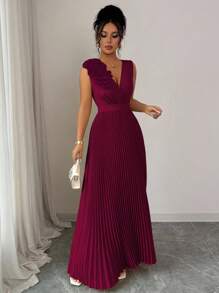 Elenzga Váy chữ A thanh lịch cổ chữ V thắt eo màu vàng kem họa tiết hoa chắp vá dành cho nữ, mùa hè - Màu Đỏ Sâu - Xem 3