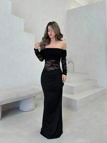 Jemour 女士优雅性感简约时尚 Fatale Charm 情人节新年聚会约会露肩纹理网眼透明褶皱低腰紧身红色长袖连衣裙 - 黑色 - 查看 1