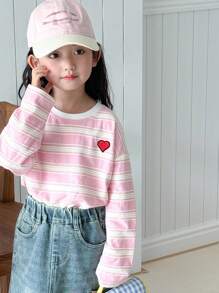 Dazy Kids Young Girls Casual Cute Striped Heart Print Long Sleeve T-Shirt