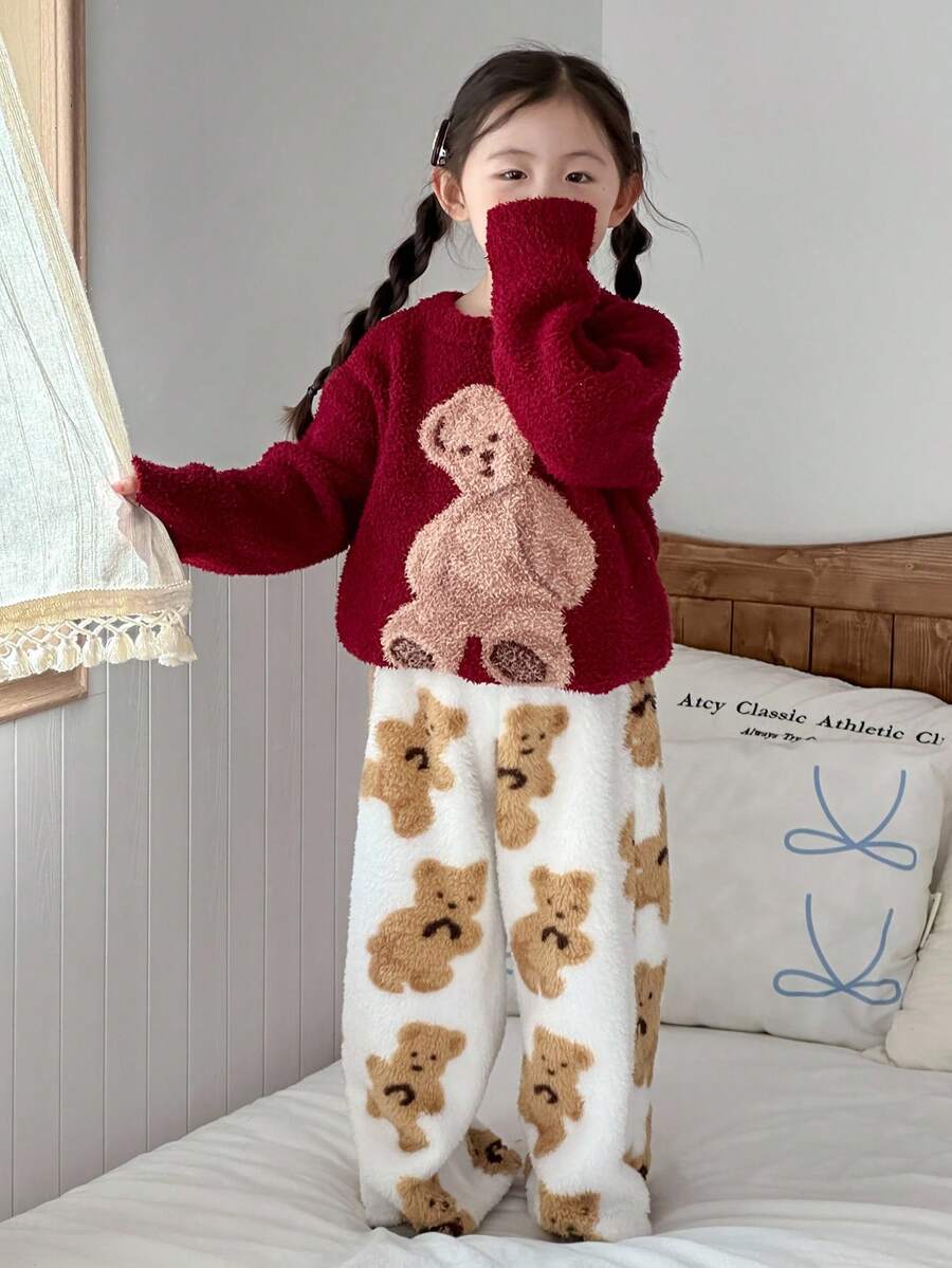 DAZY Young Girl Bear Print Fluffy Pants, Winter Loungewear Thermal Lined - White - View 1