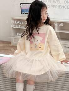 DAZY Young Girls Round Neck Knitted Fleece Printed Contrast Mesh Dress, Fall,Winter - Beige - View 9