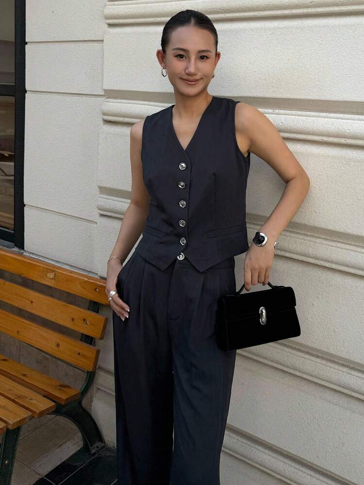 2pcs Women Casual Solid Color Front Button Sleeveless Top And Wide Leg Pants Set