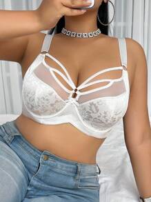 DesireSculpt 1 Áo ngực có gọng lưới tương phản Jacquard thanh lịch cỡ lớn Áo ngực chéo Áo ngực dễ thương, nâng ngực - trắng - Xem 3