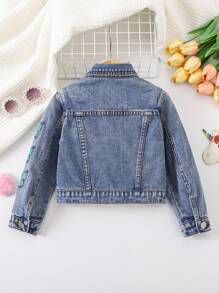 Young Girls Denim Jacket And Coat, Girls Casual Fashion Sweet All Season Arm Print Blue Butterfly Pattern Utility Denim Long Sleeve Blue Jacket, Casual & Sporty - Blue - View 2