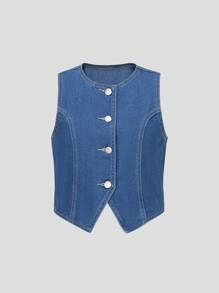 Nova Glow Tween 女孩春夏休闲街头时尚纯色 V 领无袖背心和宽松直筒裤牛仔两件套、夏季海滩波西米亚风度假短裤、夏季音乐会节日休闲狂欢装、女孩夏季早午餐毕业装 - 深色水洗藍 - 查看 7