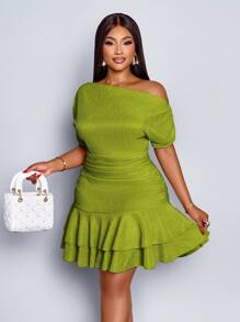 SOLERSUN 女士优雅派对日间杏色针织不对称领口长袖褶皱双褶迷你连衣裙 - 綠色 - 查看 3