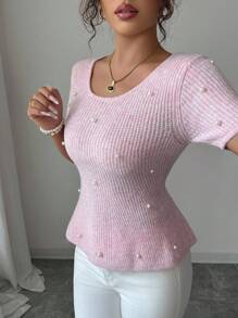Elenzga Nouveau arrivage Top tricoté à manches courtes avec design mode à clous polyvalent pour femmes, style fille douce pour rendez-vous, automne hiver - Rose bonbon - Voir 2