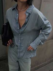 DAZY Women's Distressed Loose Denim Shirt Long Sleeve Top - Blue - View 6