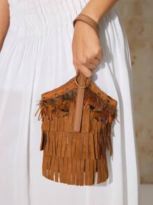 SHECARRY Women's Bohemian Tassel Design Fashion Handbag, Suitable For Vacation - Brown - View 7