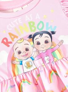 CoComelon X SHEIN 女宝宝甜美卡通图案针织圆领盖袖连衣裙 - 粉色 - 查看 5