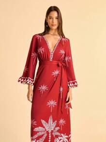 CAJUNI 女士休闲度假热带棕榈树印花深 V 领裹身系带长裙 - 紅色 - 查看 3