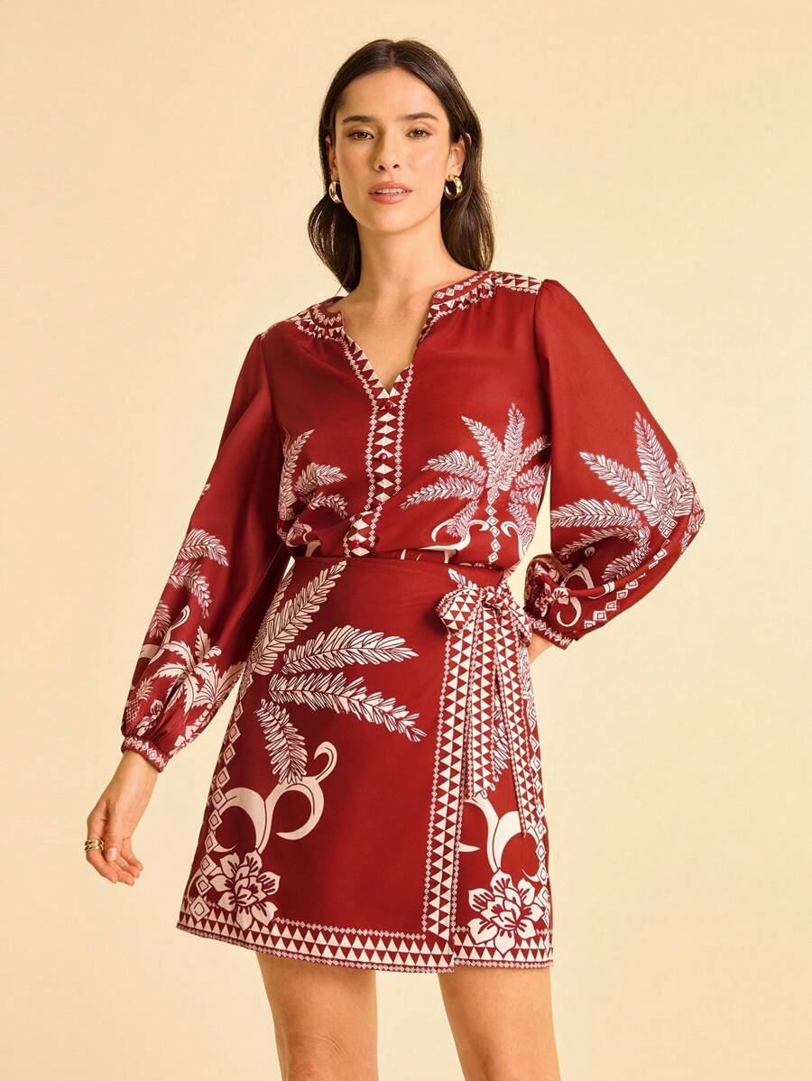 CAJUNI Women's Tropical Print V-Neck Casual Long Sleeve Shirt - Red - View 1