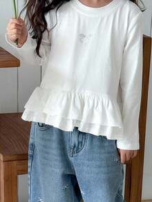 Dazy Kids 年轻女孩圆领长袖休闲荷叶边拼接宽松T恤