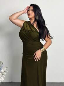 Firerie Damen Große Größen elegantes minimalistisches schickes Mode Alltags Basis Ins Stil professionelles Büro Pendler Influencer Musik Festival Strand Urlaub transparentes asymmetrisches Neckholder gerafftes Bodycon ärmelloses Kleid, Hochzeitsgast Kleid Damen