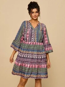 SHEIN VCAY Sukienka damska w paski, dekolt w serek, rękawy 3/4, plus size, krótka, marszczona w talii, luźna, swobodna, w stylu boho, do kolan, odpowiednia na lato i jesień - Wielokolorowe - Zobacz 2