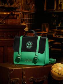 HARRY POTTER X SHEIN 女士学院风撞色字母蛇纹印花背包 - 綠色 - 查看 2