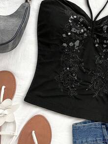 Soleia Party Women's Vacation Casual Sequin Embroidery Backless Halter Top