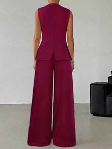 SHEIN EZwear 女士休闲勃艮第亚麻西装背心和阔腿裤套装 - 酒紅色 - 查看 2