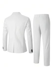 Manfinity Bizformal 男士纯色商务通勤西装套装：夹克和裤子 - 白色 - 查看 2