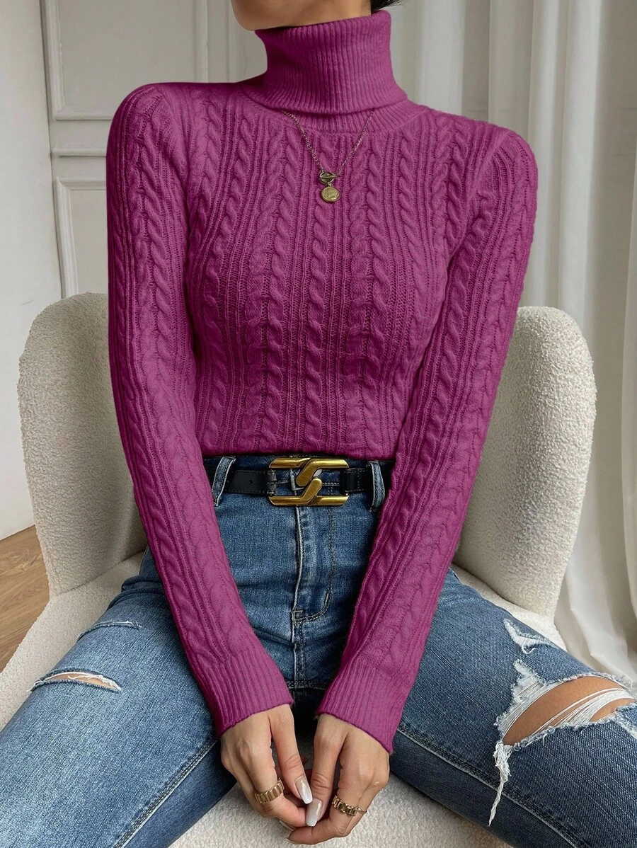 SHEIN 休闲纯色高领修身毛衣,秋冬针织套头衫 - 中紫紅色 - 查看 1