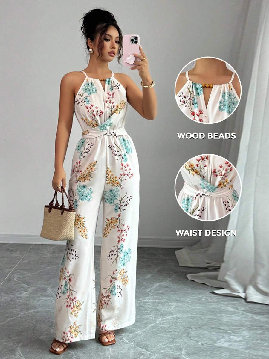 Elenzga 女式休闲杏色花卉印花串珠挂脖抽绳腰长款连体裤，春夏 - 彩色 - 查看 1