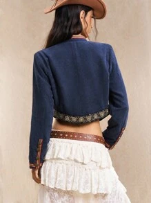 Easelle 灯芯绒大衣 初秋外套 夹克 刺绣 刺绣风格 波西米亚风 西部游牧风 - 藏蓝色 - 查看 3