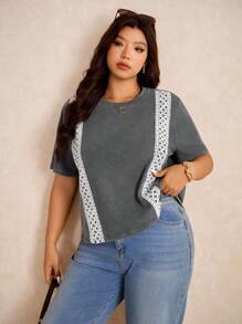 Elaquor Damen Große Größen Lässig Mode Street Spitze Patchwork Kurzarm Washed T-Shirt, Sommer - Grau - Übersicht 5
