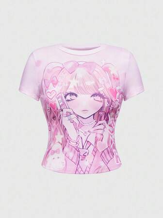 Anime Camiseta ajustada de manga corta y cuello redondo con diseño de niña de dibujos animados para mujer