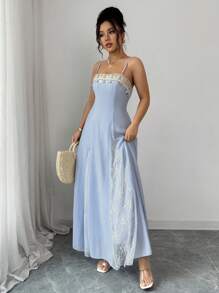 Rafferiza Women's Elegant Color Block Contrast Lace Sequins Spaghetti Strap A-Line Dress - Blue - View 6