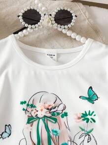SHEIN Playful Pals 2件套可爱花卉女孩剪影图案连衣裙，适合年轻女孩 - 墨綠色 - 查看 5