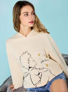 LE PETIT PRINCE X SHEIN 女士休闲卡通人物与字母图案落肩宽松连帽衫，适合春秋季 - 米色 - 查看 7