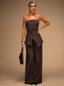 SHEIN BAE Bộ đồ thời trang áo hai dây màu trơn viền bất đối xứng dành cho nữ và quần dài màu nâu Bộ đồ liền thân không dây dành cho nữ Bộ đồ liền thân màu nâu Bộ đồ mùa hè Bộ đồ hai mảnh quần dài cho mùa thu/đông - màu nâu - Xem 3