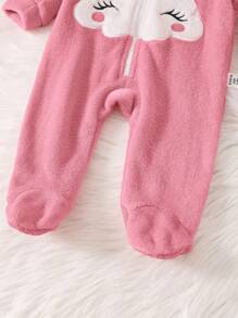 新生女婴可爱卡通云朵图案贴花连帽拉链法兰绒连体衣，秋冬 - 藕粉色 - 查看 5