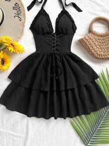 Soleia 休闲度假西部海滩婚礼宾客派对服装毕业早午餐服装，圣帕特里克节春假复活节音乐节，优雅波西米亚热带优雅红色纹理蝴蝶结露背荷叶边迷你连衣裙 - 黑色 - 查看 3