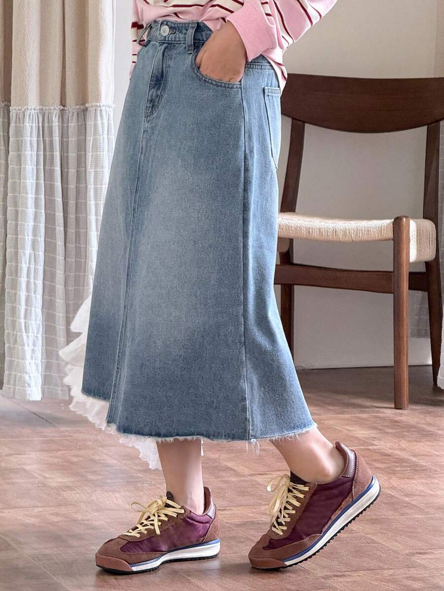 Dazy Kids 青少年女孩时尚休闲夏季宽松牛仔裙 - 藍色 - 查看 1