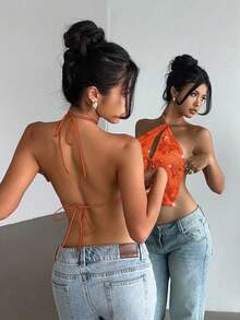 Aloruh 女式性感系带露背串珠刺绣短款背心 - 橘色 - 查看 2