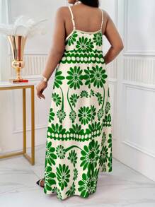 SHEIN Lady Plus Size Bohemian Style Casual Floral Print Sleeveless Dress Suitable For Going Out - Green - View 2